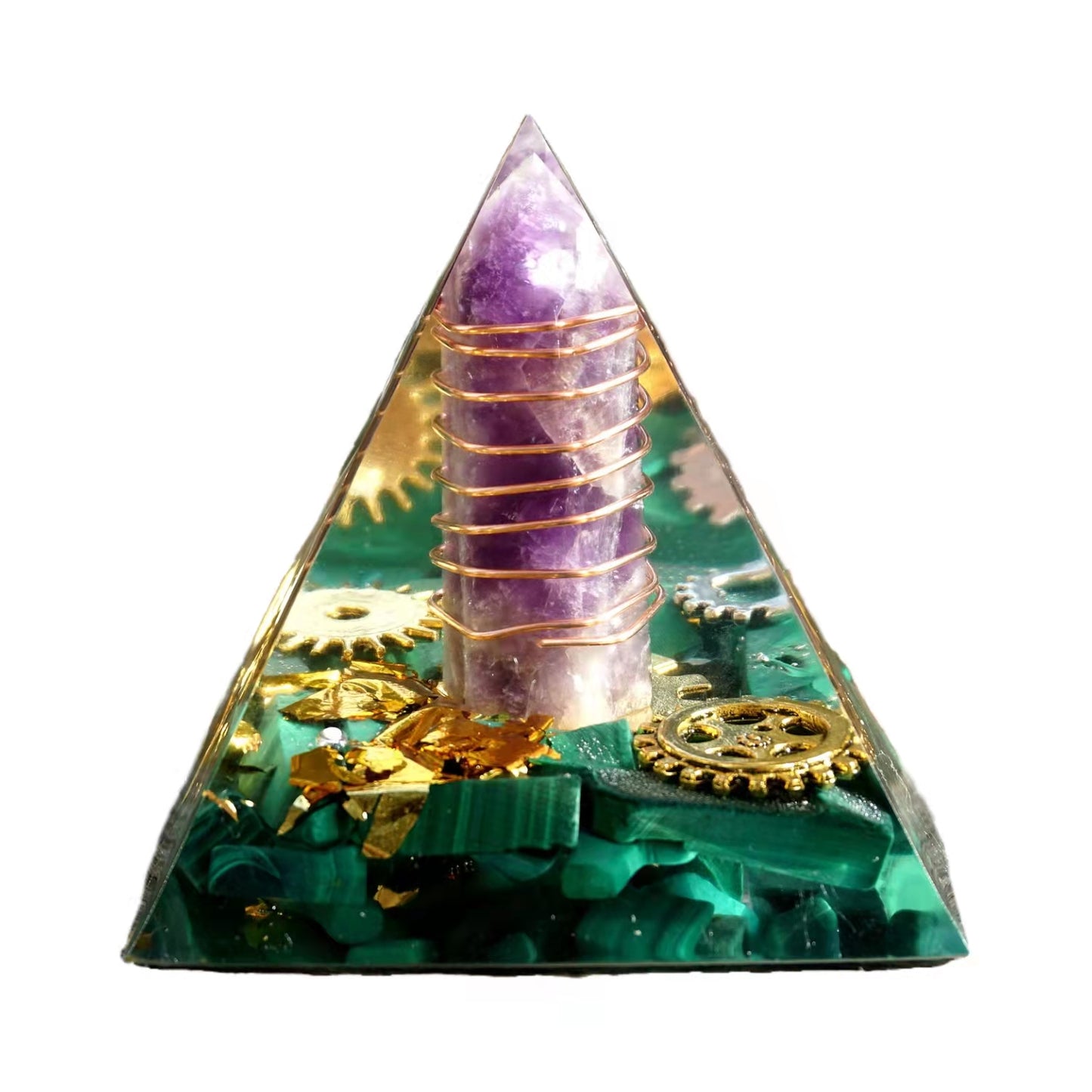 Amethyst Pillar Orgonite Pyramid with Malachite Crystal Healing Reiki Energy Orgone Collection