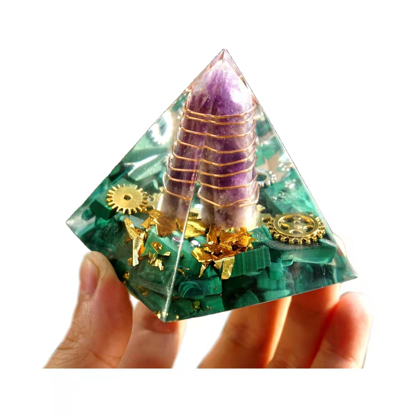 Amethyst Pillar Orgonite Pyramid with Malachite Crystal Healing Reiki Energy Orgone Collection