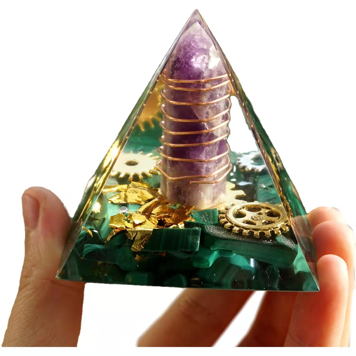 Amethyst Pillar Orgonite Pyramid with Malachite Crystal Healing Reiki Energy Orgone Collection