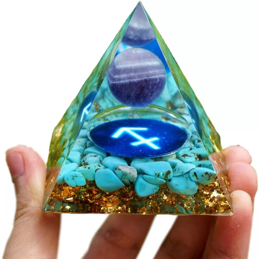 Amethyst Sphere Orgone Pyramid SAGITTARIUS Geometry Pattern with Turquoise Crystal Stone Zodiac Style Orgonite