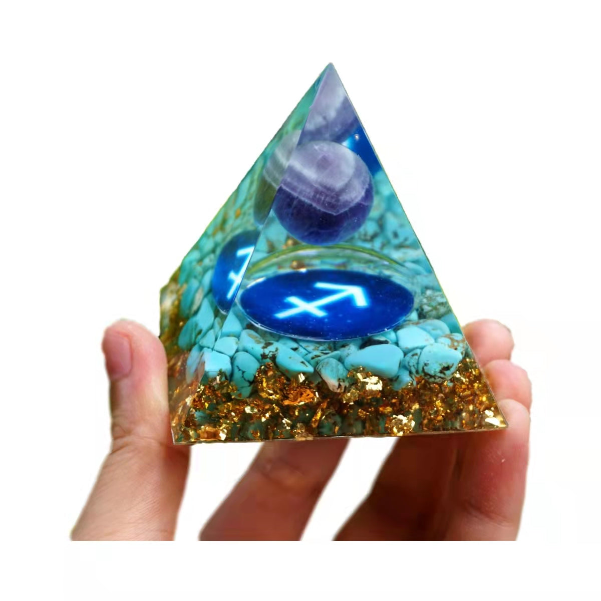 Amethyst Sphere Orgone Pyramid SAGITTARIUS Geometry Pattern with Turquoise Crystal Stone Zodiac Style Orgonite