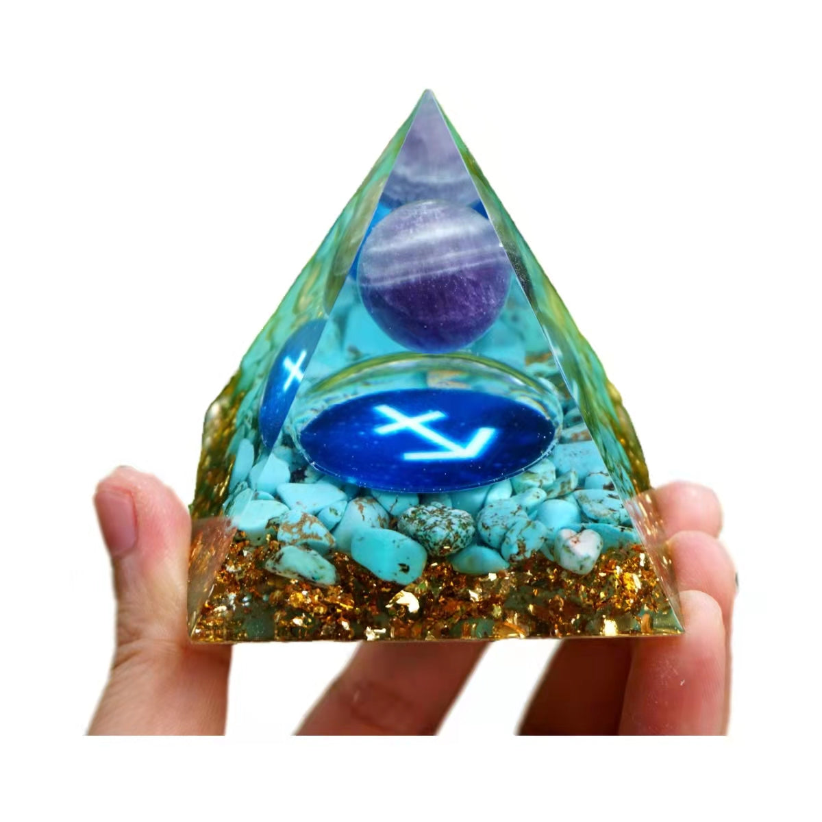 Amethyst Sphere Orgone Pyramid SAGITTARIUS Geometry Pattern with Turquoise Crystal Stone Zodiac Style Orgonite