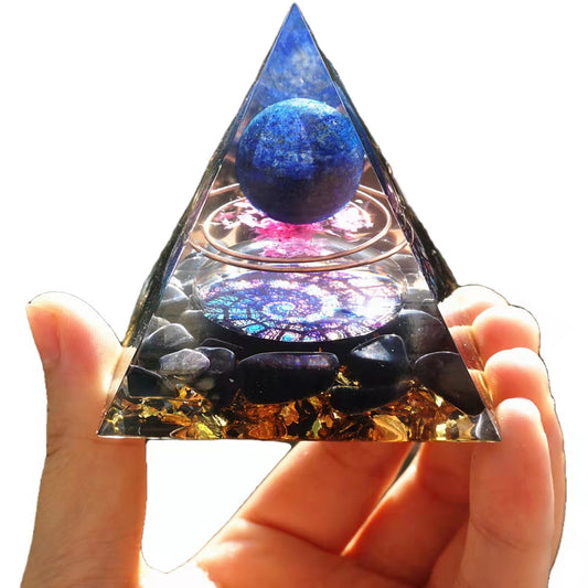 Lapis Lazuli Crystal Sphere Orgonite Pyramid with Obsidian Stone Chakra Energy Orgone - Besorgone