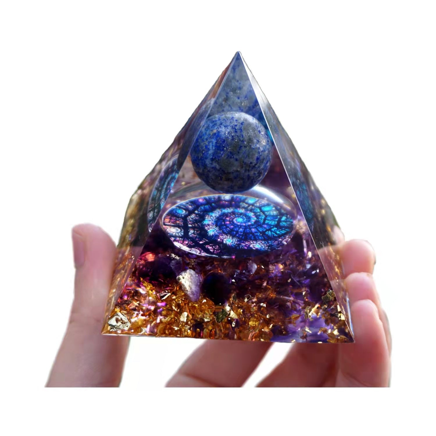 Lapis Lazuli Sphere Orgonite Pyramid with Amethyst Crystal Healing Energy Orgone - Besorgone