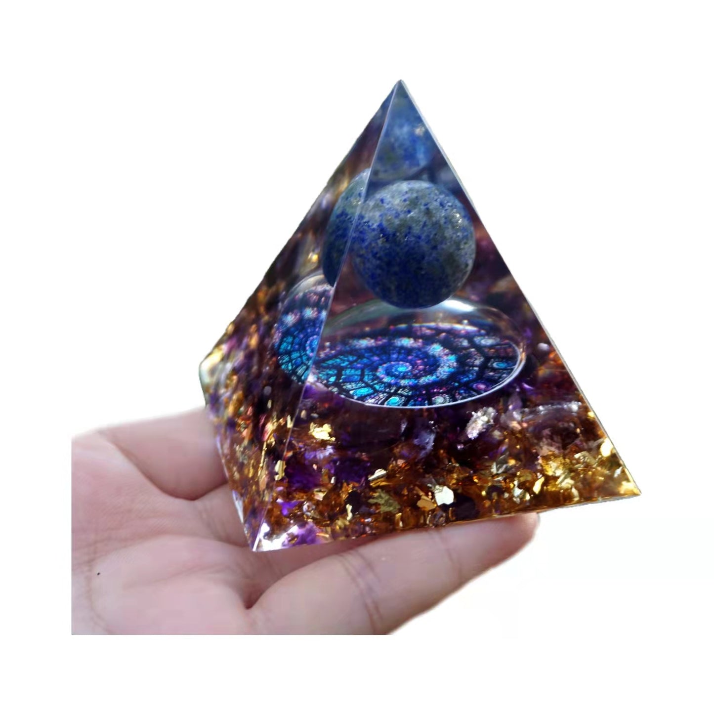 Lapis Lazuli Sphere Orgonite Pyramid with Amethyst Crystal Healing Energy Orgone - Besorgone