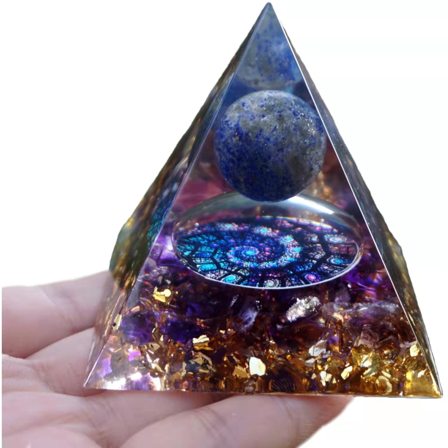 Lapis Lazuli Sphere Orgonite Pyramid with Amethyst Crystal Healing Energy Orgone - Besorgone