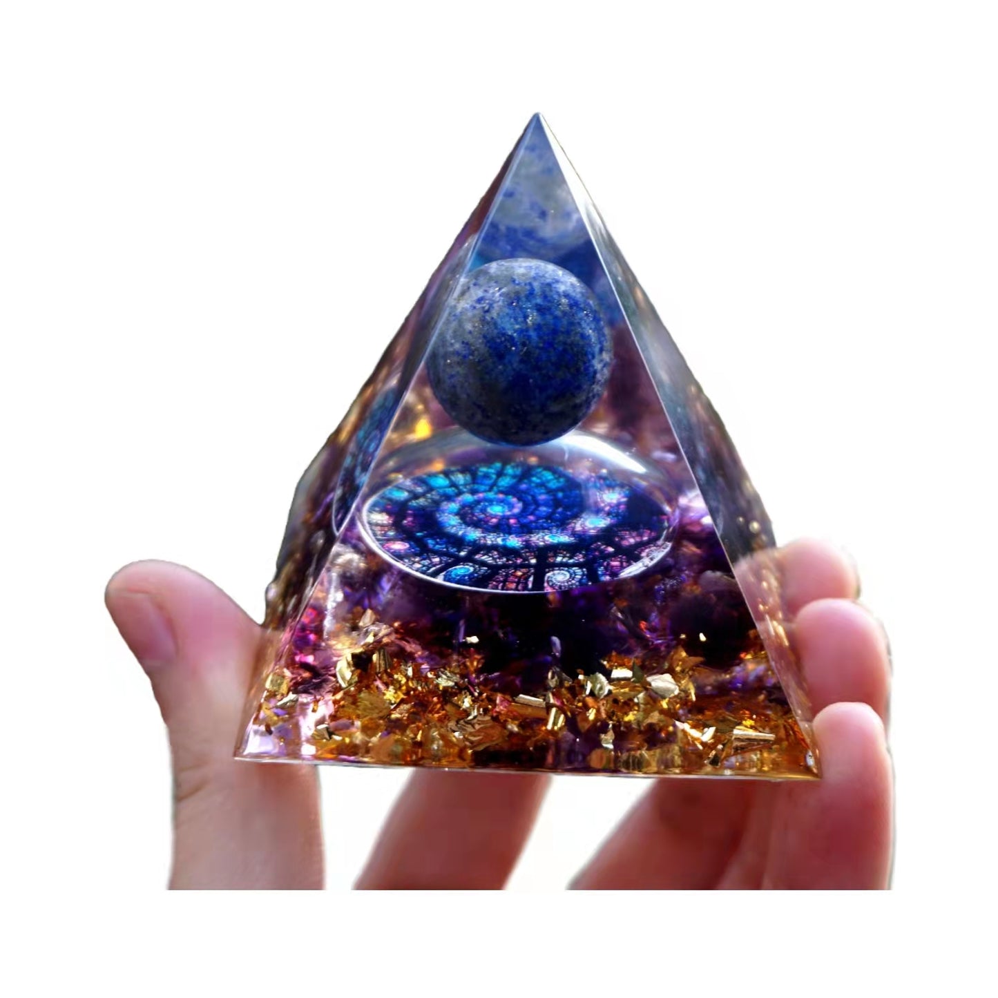 Lapis Lazuli Sphere Orgonite Pyramid with Amethyst Crystal Healing Energy Orgone - Besorgone