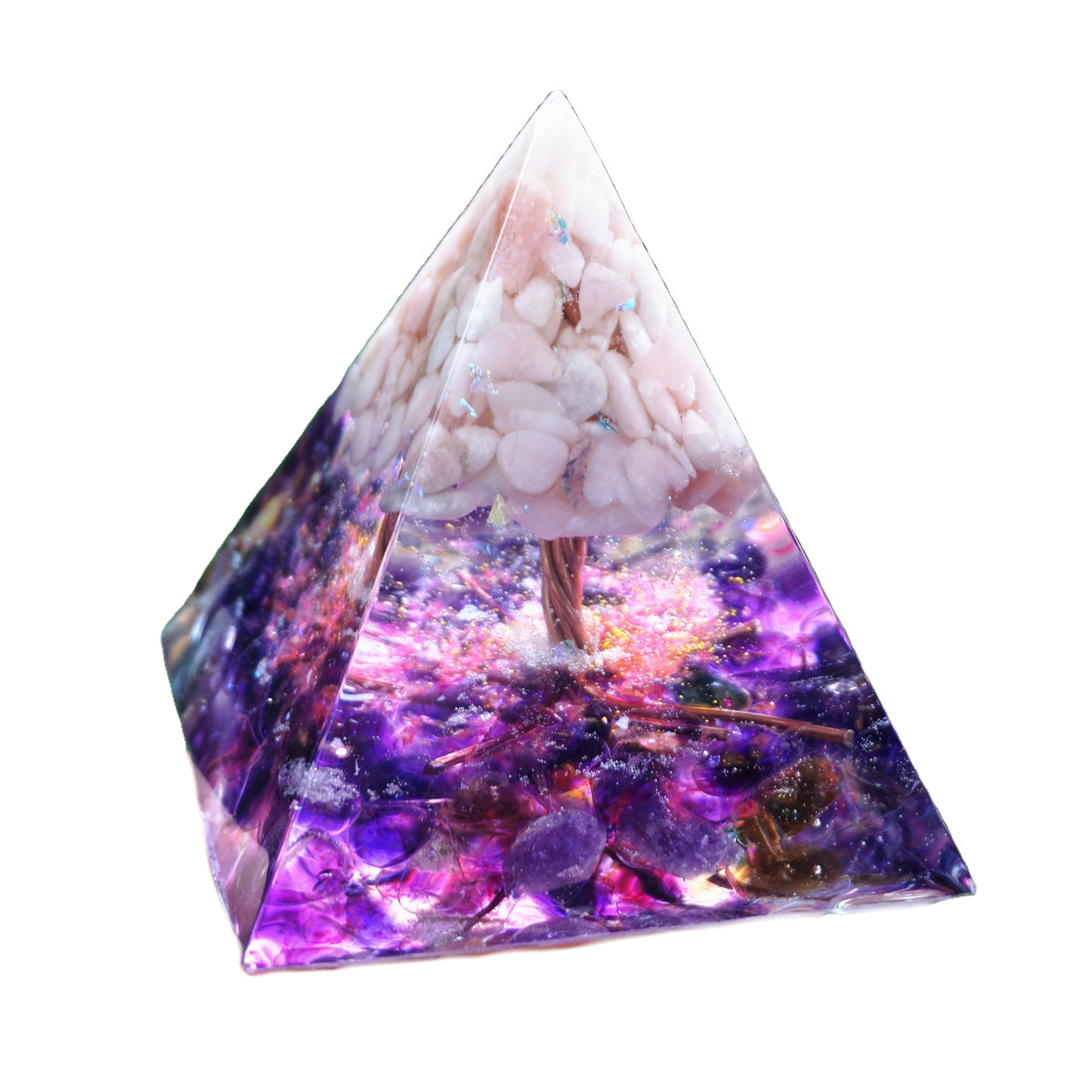 Handmade Tree of Life Orgonite Pyramid Pink Opal With Amethyst Crystal Healing Orgone - Besorgone