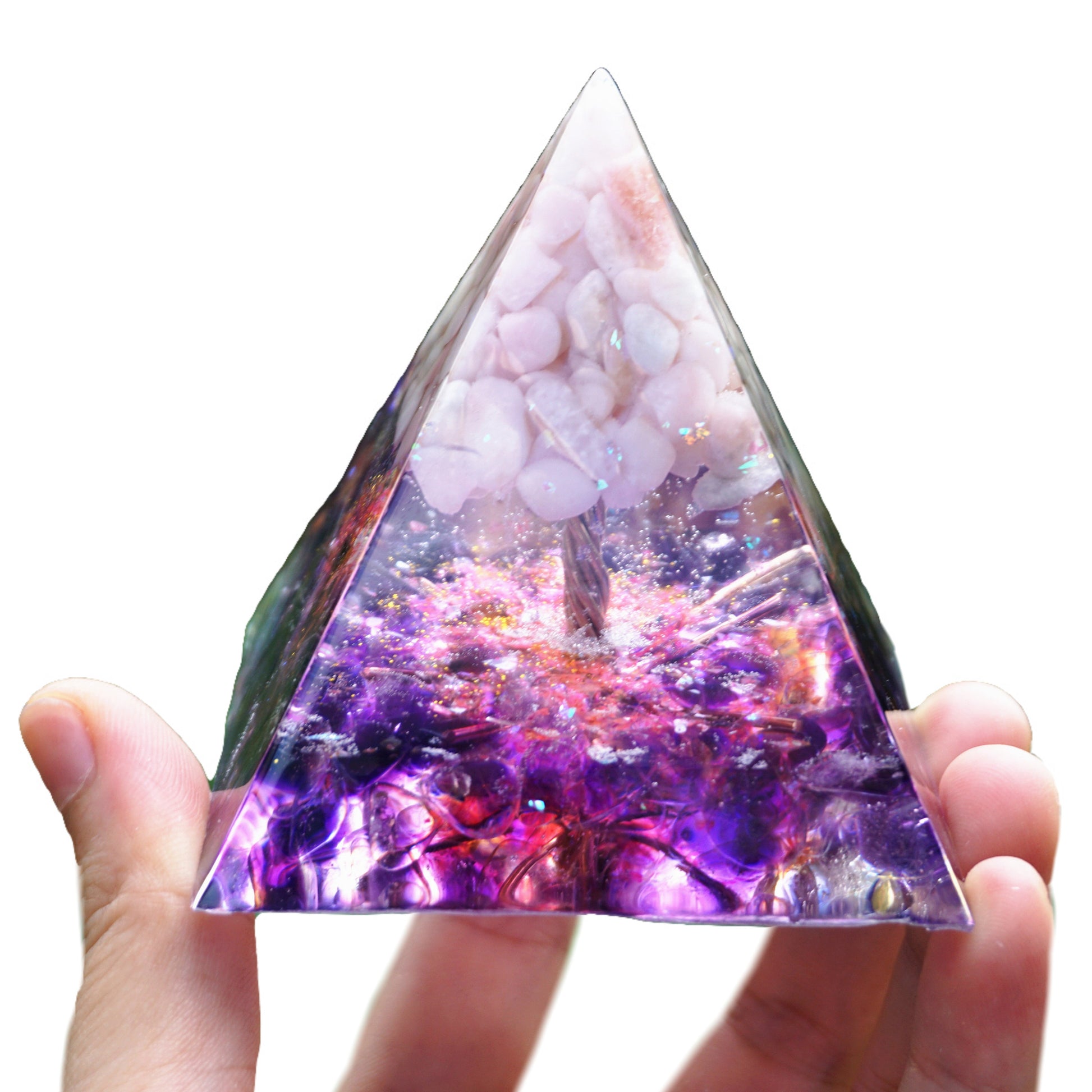 Handmade Tree of Life Orgonite Pyramid Pink Opal With Amethyst Crystal Healing Orgone - Besorgone