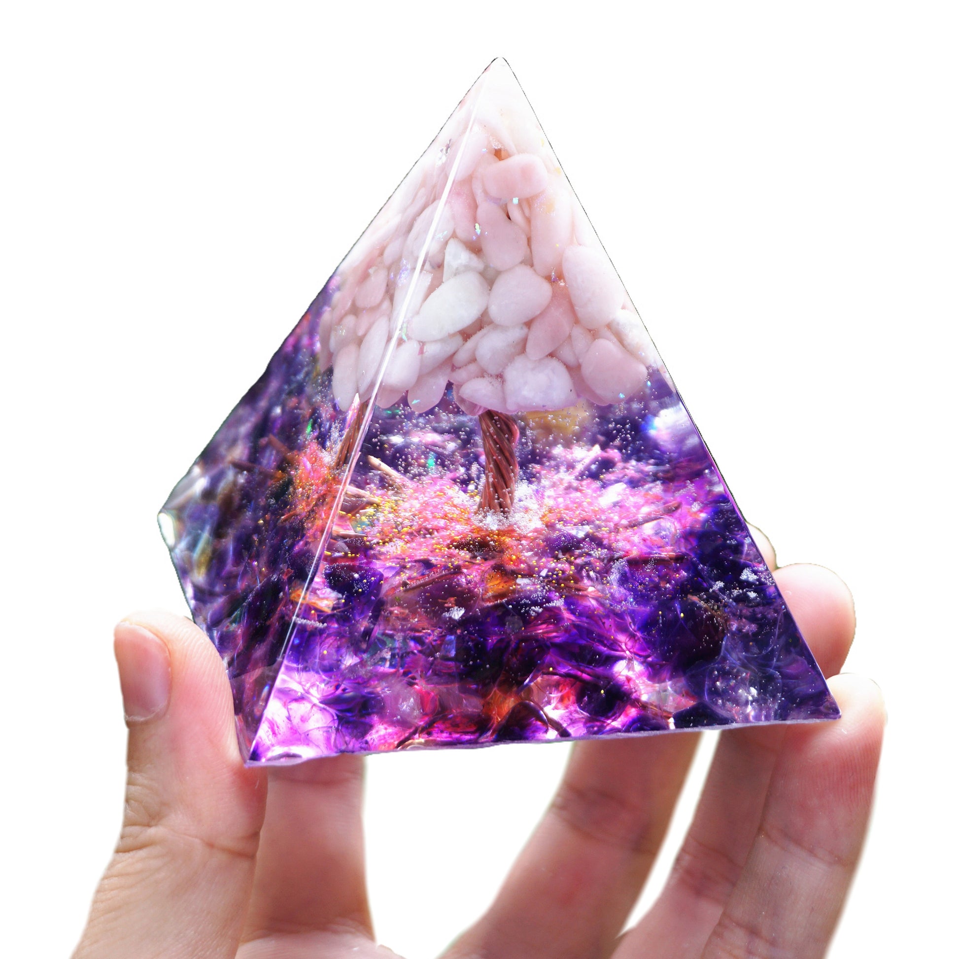 Handmade Tree of Life Orgonite Pyramid Pink Opal With Amethyst Crystal Healing Orgone - Besorgone