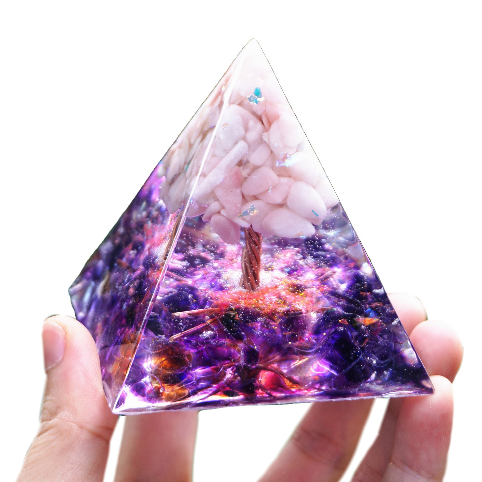 Handmade Tree of Life Orgonite Pyramid Pink Opal With Amethyst Crystal Healing Orgone - Besorgone