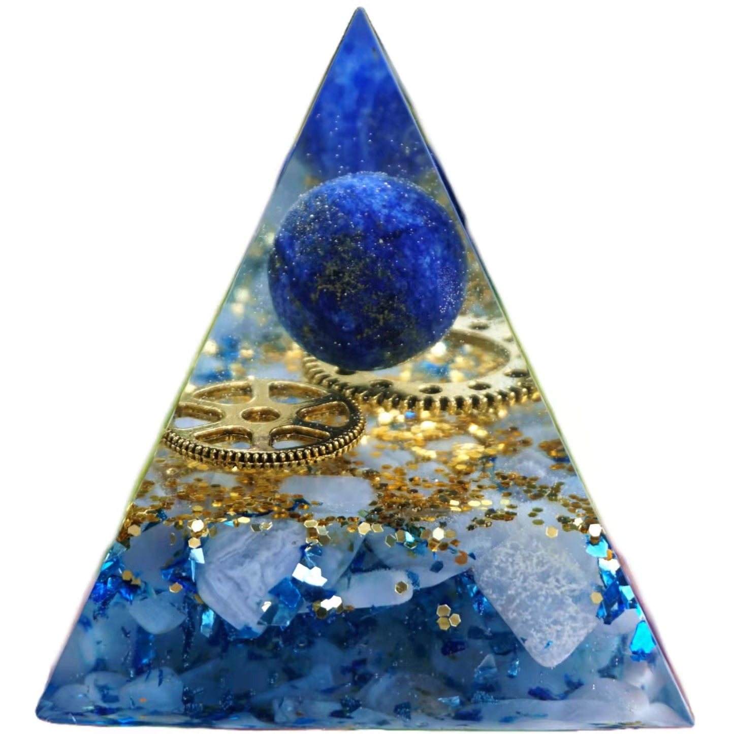 Lapis Lazuli Crystal Sphere Orgonite Pyramid with Blue Chalcedony Reiki Energy Orgone