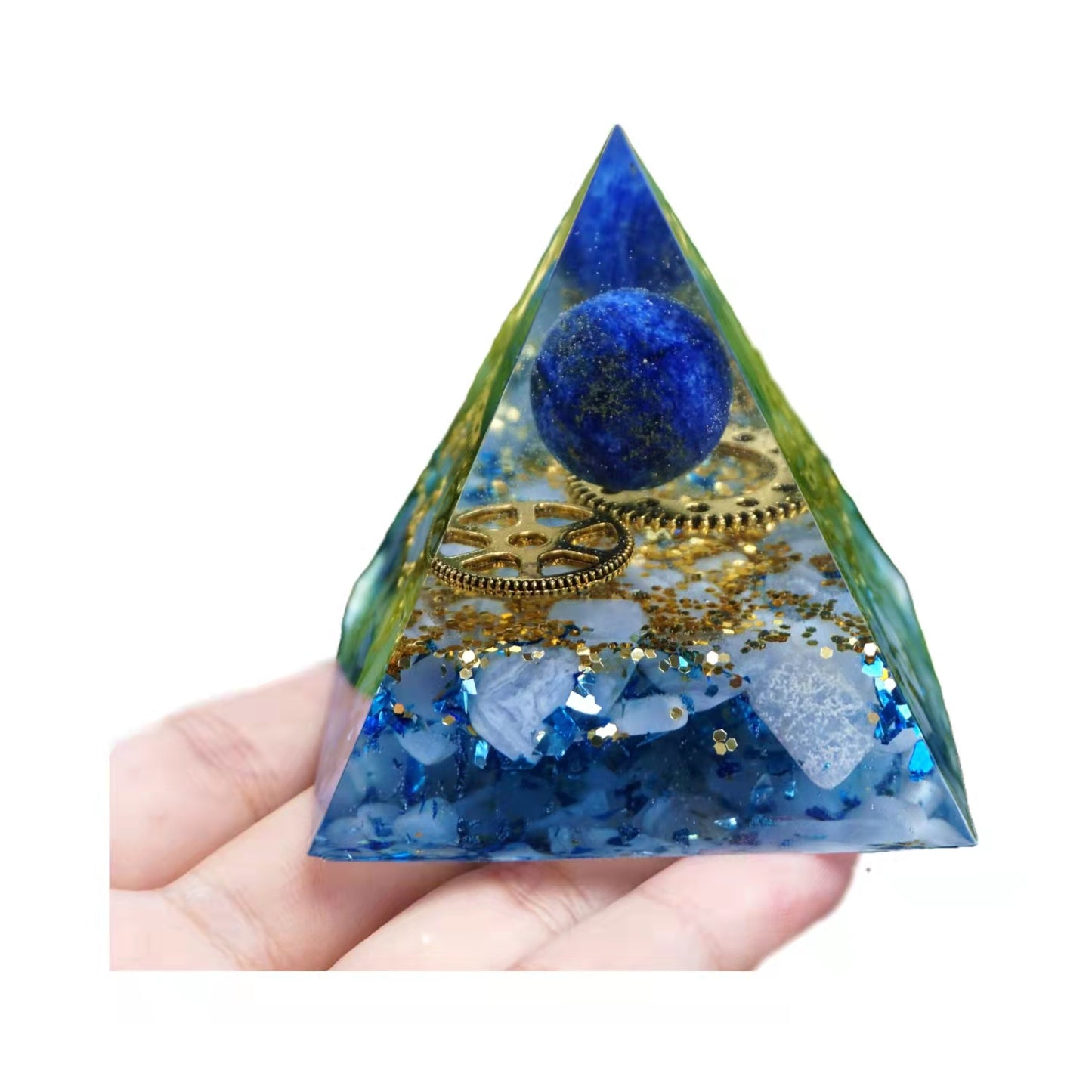 Lapis Lazuli Crystal Sphere Orgonite Pyramid with Blue Chalcedony Reiki Energy Orgone