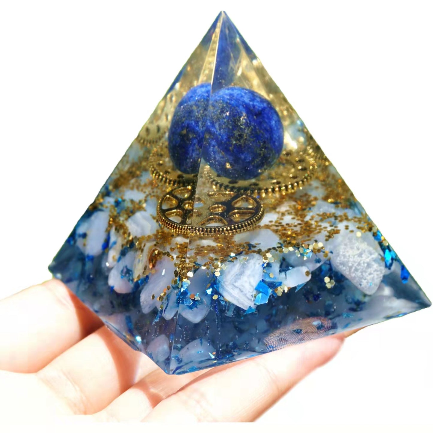 Lapis Lazuli Crystal Sphere Orgonite Pyramid with Blue Chalcedony Reiki Energy Orgone