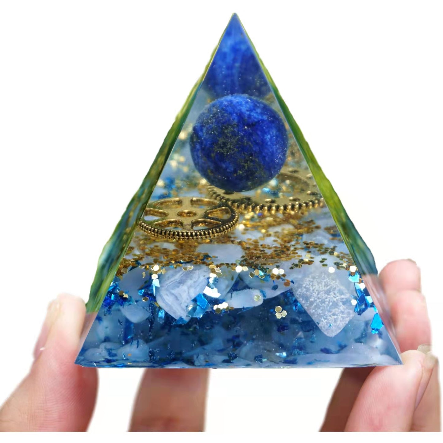 Lapis Lazuli Crystal Sphere Orgonite Pyramid with Blue Chalcedony Reiki Energy Orgone