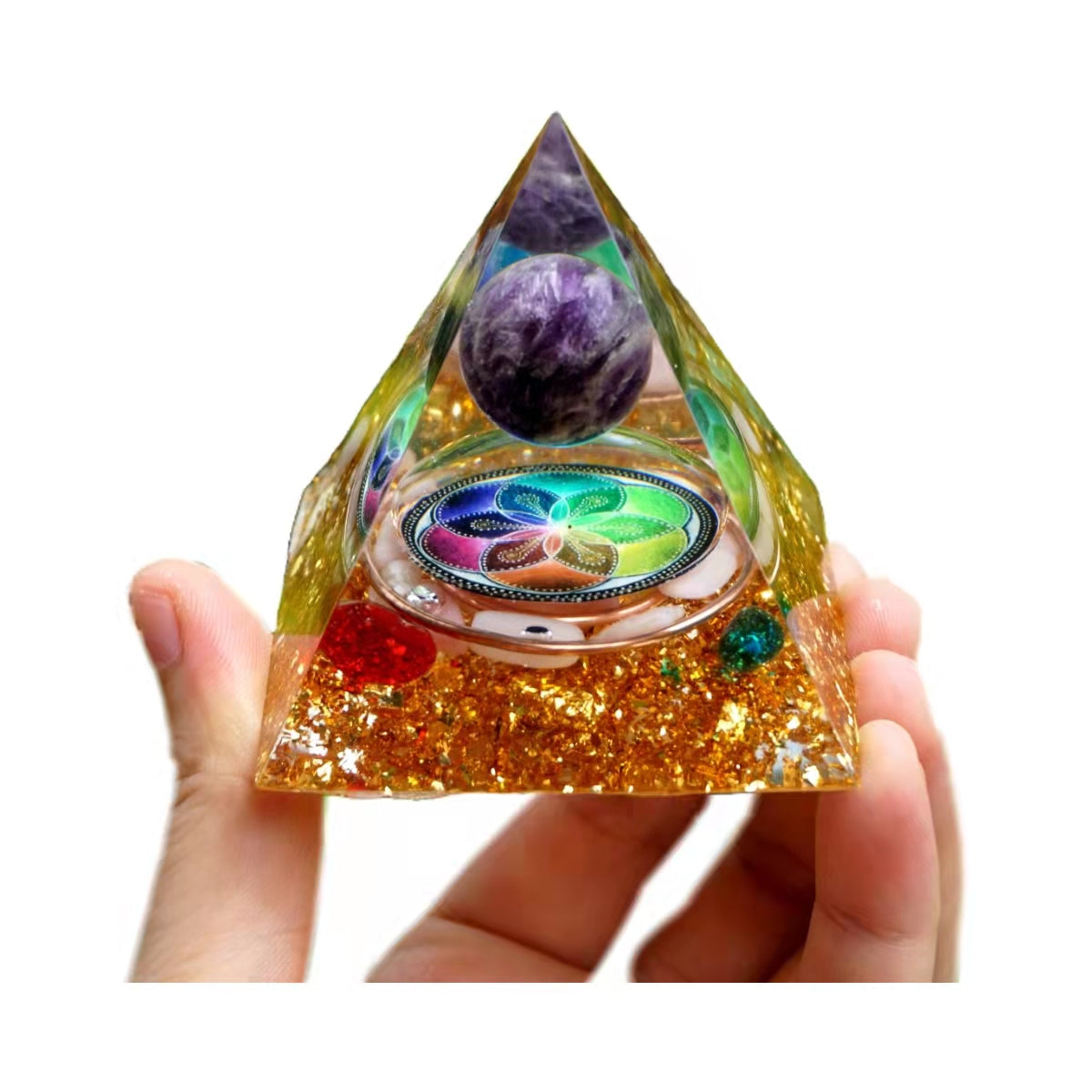 Amethyst Crystal Sphere Orgonite Pyramid with Blue Red Quartz Copper Chakra Energy Healing Orgone Meditation Tool - Besorgone