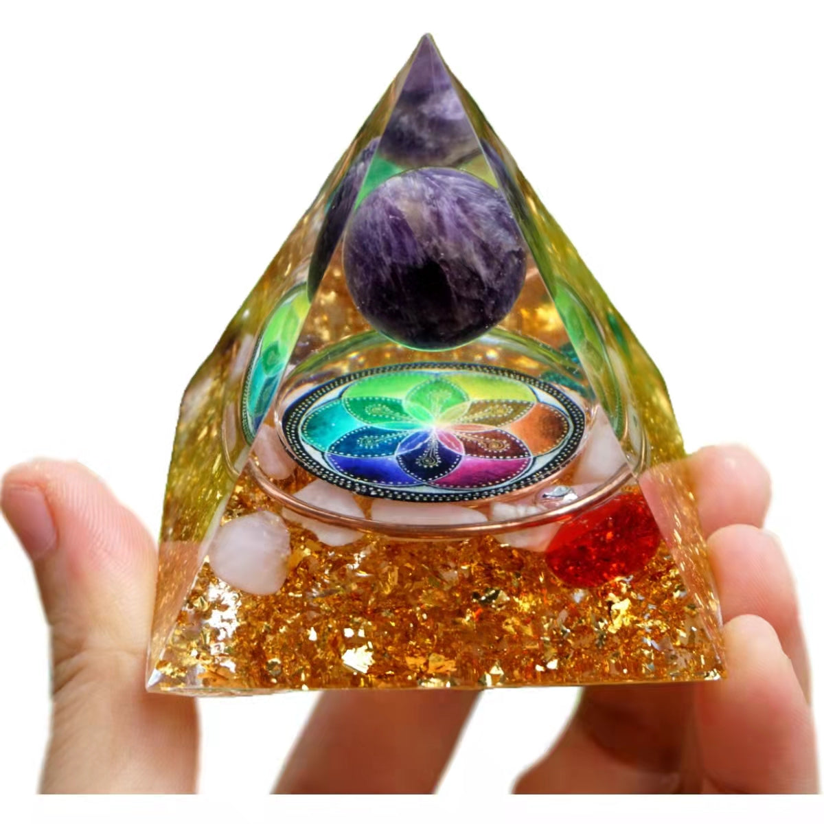 Amethyst Crystal Sphere Orgonite Pyramid with Blue Red Quartz Copper Chakra Energy Healing Orgone Meditation Tool - Besorgone