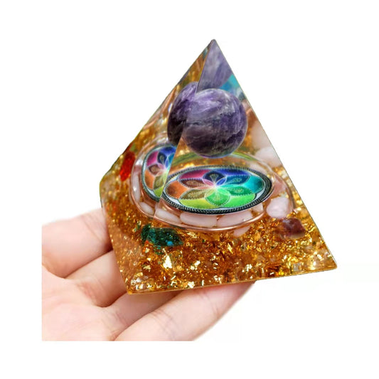 Amethyst Crystal Sphere Orgonite Pyramid with Blue Red Quartz Copper Chakra Energy Healing Orgone Meditation Tool - Besorgone