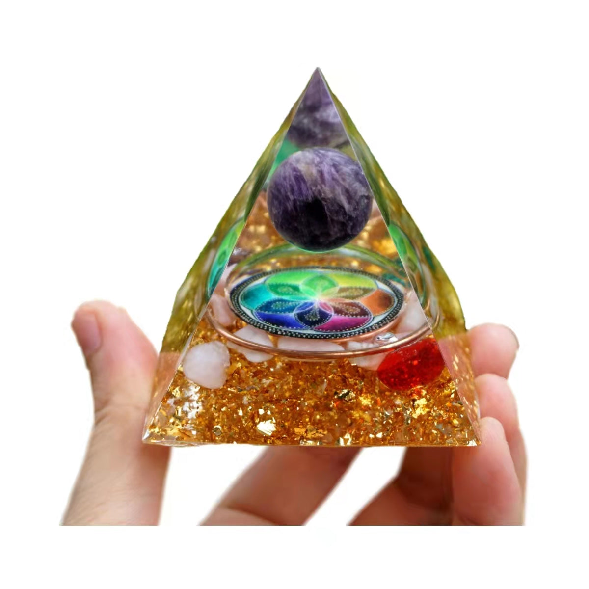 Amethyst Crystal Sphere Orgonite Pyramid with Blue Red Quartz Copper Chakra Energy Healing Orgone Meditation Tool - Besorgone