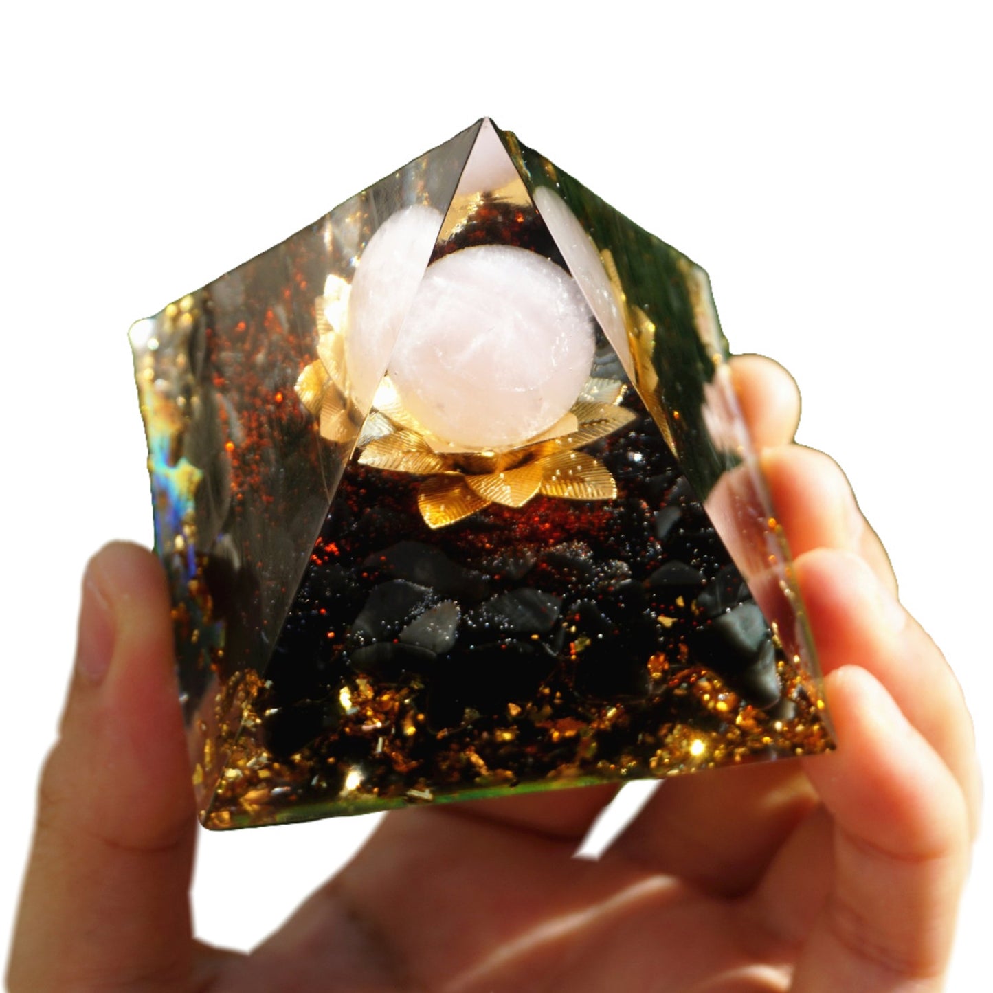 Handmade Rose Quartz Sphere Orgonite Pyramid with Obsidian Crystal Healing Orgone Collection - Besorgone