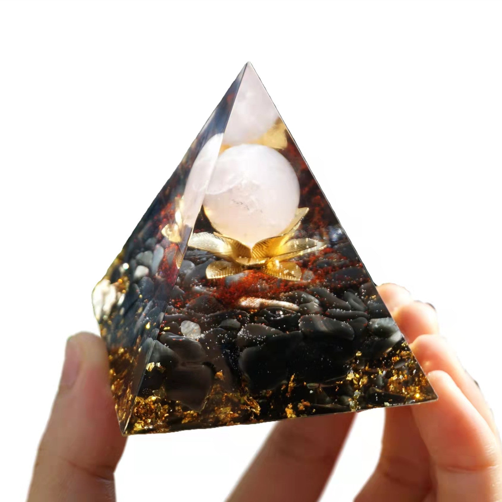 Handmade Rose Quartz Sphere Orgonite Pyramid with Obsidian Crystal Healing Orgone Collection - Besorgone