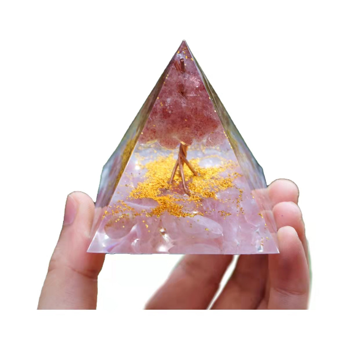 Tree of Life Orgone Pyramid Strawberry Quartz with Rose Crystal Healing Orgonite Energy Chakra Reiki