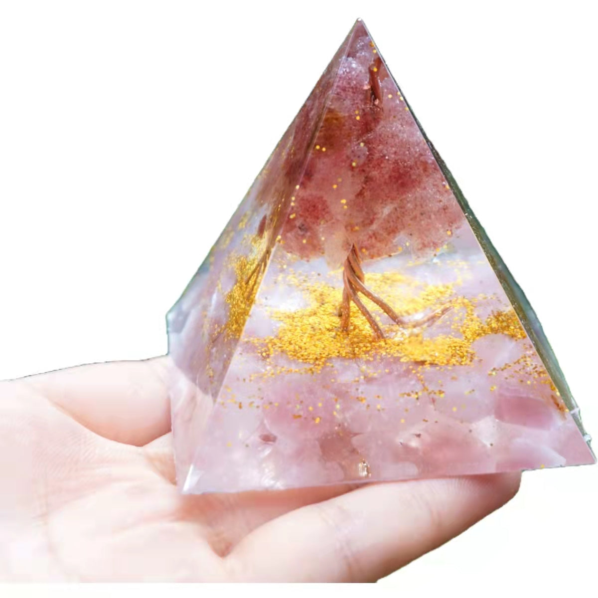 Tree of Life Orgone Pyramid Strawberry Quartz with Rose Crystal Healing Orgonite Energy Chakra Reiki