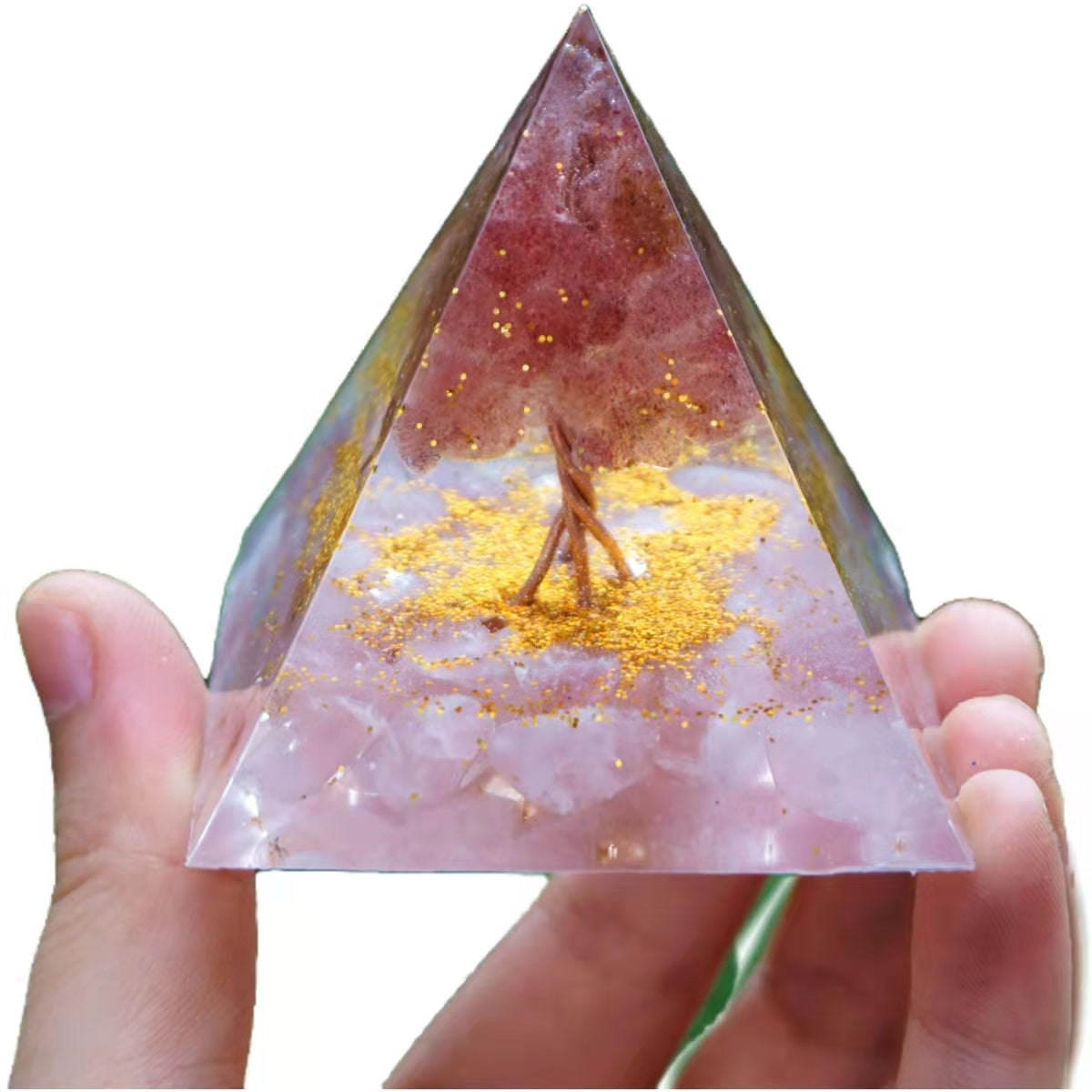 Tree of Life Orgone Pyramid Strawberry Quartz with Rose Crystal Healing Orgonite Energy Chakra Reiki